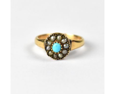 A 9ct yellow gold dress ring, floral set with central turquoise stone and seed pearls, size M, approx 3g.