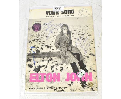 SIR ELTON JOHN; 'Your Song', a song sheet bearing the megastar's signature, along with that of Bernie Taupin and two others t