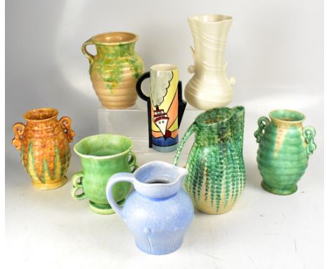 Eight items of modern and vintage Art Deco pottery, mostly with drip glaze, to include Crown Devon, Beswick, Crown Ducal, etc