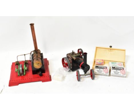 MAMOD; a kit built steam powered model of a traction engine, a static example and a box of Mamod solid fuel tablets, etc.