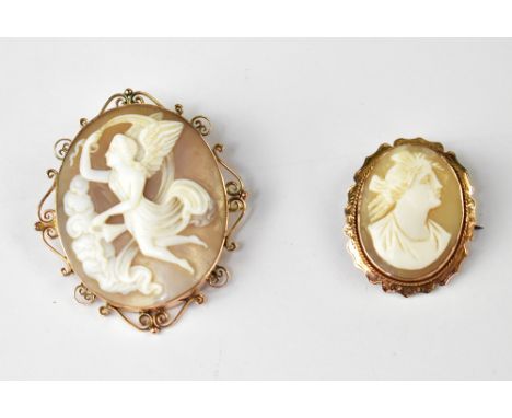 Two 19th century 9ct gold cameo brooches, the largest carved shell oval depicting Iris, goddess of the rainbow, in an oval mo