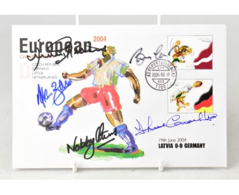 FOOTBALL; a European Championships 2004 first day cover bearing five signatures comprising Sir Bobby Charlton, Jack Charlton,