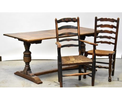 An early 20th century oak plank top refectory table raised on bulbous turned stretchered supports, 73 x 168 x 80cm, and a set