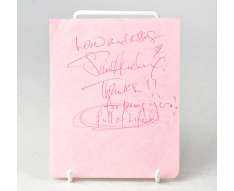 JIMI HENDRIX; a single page torn from an autograph book, inscribed 'Love and kisses, thanks for being you, full of life' and 