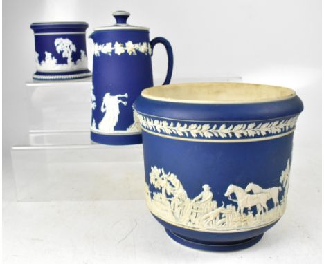 ADAMS, TUNSTALL; three pieces of jasperware-style ceramics, to include a jardinière with Classical relief of hunting scene, h