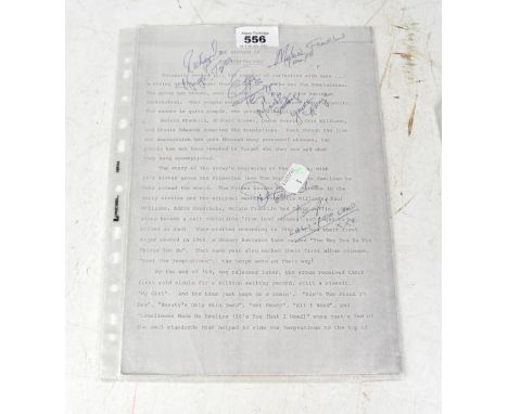 THE TEMPTATIONS; a photocopied history of The Temptations bearing the band member's signatures.We have not authenticated thes