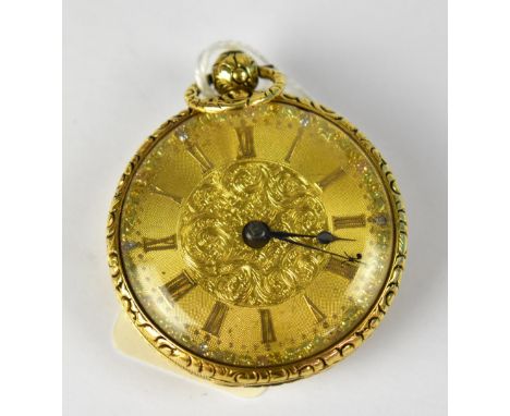 An 18ct gold open face pocket watch, the dial set with raised Roman numerals, on engine turned back with central disc of chas