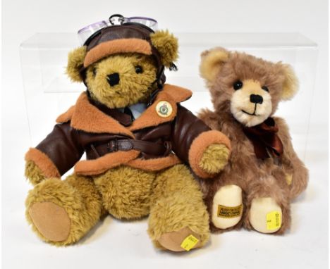 MERRYTHOUGHT; a modern edition collectors' bear, light brown, protruding snout and brown bow tie, length 26cm and a RAF theme