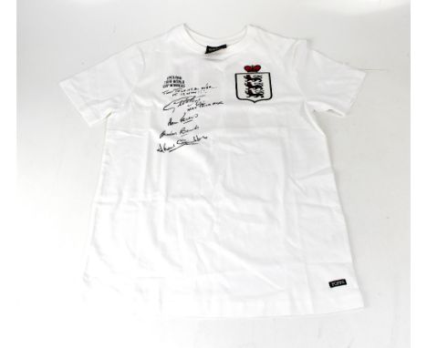 ENGLAND WORLD CUP WINNERS 1966; a T-shirt bearing four signatures, comprising Geoff Hurst, Martin Peters, Jack Charlton and G