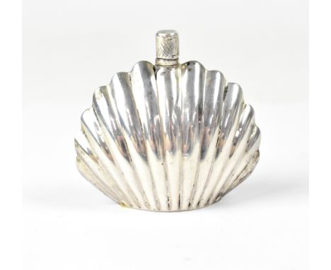 An Elizabeth II hallmarked silver small opium flask in the form of a clam shell, with screw lid and twist bar, 6cm marks rubb