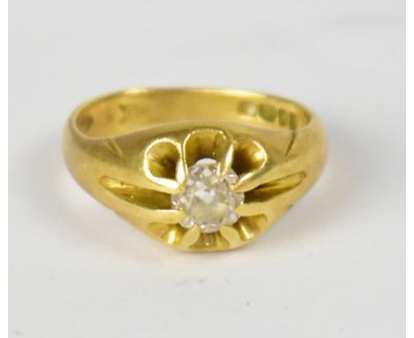 An 18ct yellow gold gentlemen's dress ring set with single diamond, size K, approx 5.8g.