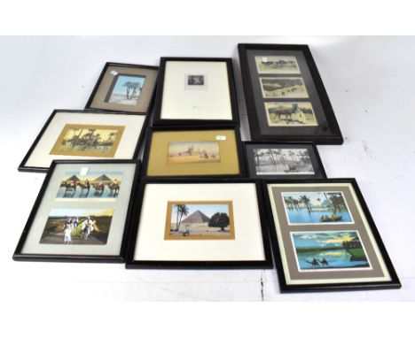 Sixteen early 20th century Egyptian related watercolours, prints, postcards and print photographs to include J Monti; a pair 