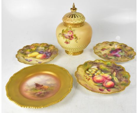 ROYAL WORCESTER; a large hand blush ivory painted pot pourri vase, depicting pink, yellow and lavender Summer blooms, the bas