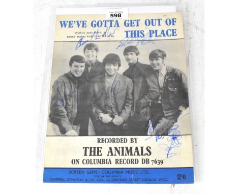 THE ANIMALS; the music score for 'We've Gotta get Out of this Place', bearing the signatures of all five band members to the 