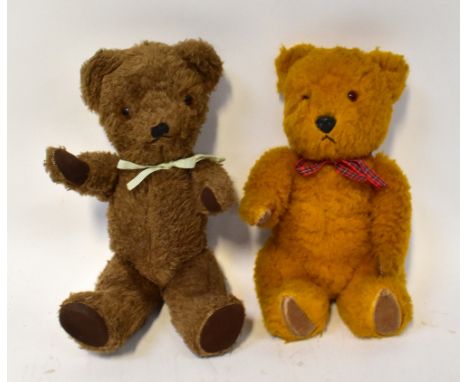 CHILTERN; two plush fur teddy bears, one orange with Chiltern label, the other brown example unmarked, both with plastic eyes