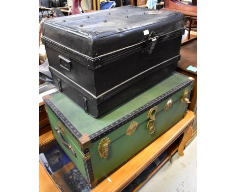 A vintage metal bound vinyl textured travel trunk and a further smaller dome topped example (2).