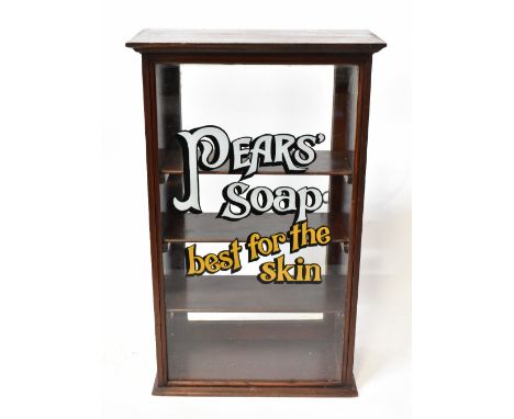 A pine mahogany stained glazed display cabinet with 'Pear's Soap' logo, with three interior shelves, 70 x 44 x 21cm, an Edwar