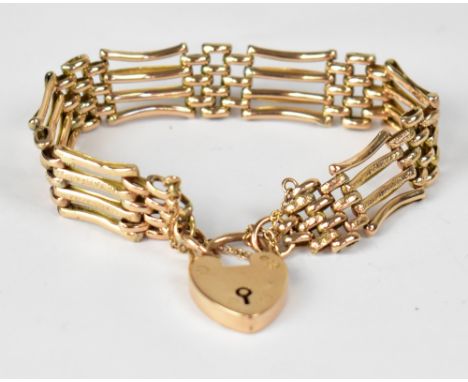 A 9ct gold rose gold four bar gate bracelet united with 9ct gold heart-shaped padlock clasp, length approx 16cm, approx 16g.