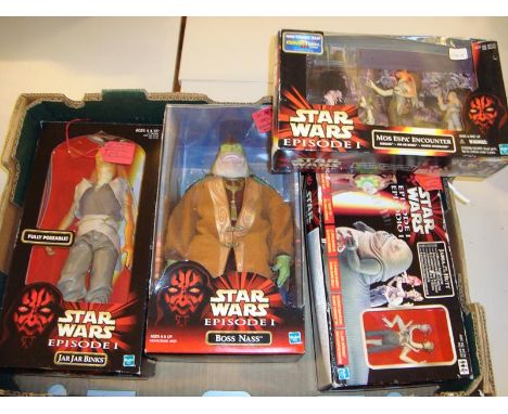 A group of Star Wars Episode 1 figures to include Jar Jar Binks, Jabba the Hutt and Boss Nass together with a Mos Espa Encoun