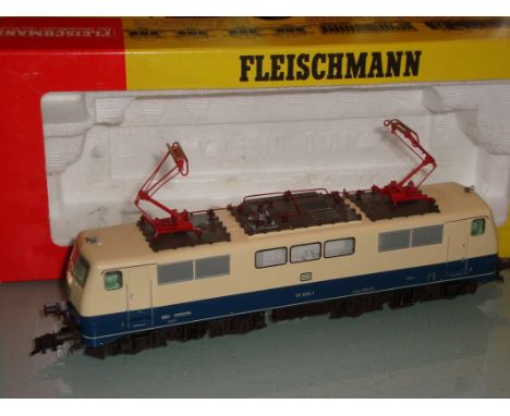 An HO Gauge Fleischmann 4348 DB BR111 E-lok/electric loco in blue/beige livery, numbered 111 205-1 - VG-E in G-VG box