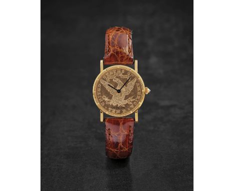 CORUM. MONTRE BRACELET EN OR JAUNE 18K (750) DE TAILLE MEDIUM REPRESENTANT UNE PIECE DE DIX DOLLARS MOUVEMENT MECANIQUECORUM.