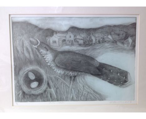 Limited edition dry point print titled 'Cuckoo's Nest'. Signed Angela Harding. W65 x H52.5 including mount. W51 x H36 without