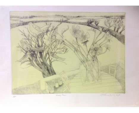 Limited edition dry point print titled 'Wingview'. Signed Angela Harding. W65.5 x H54 including mount. W49 x H35 without moun