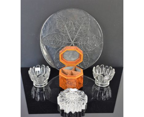 Boda Swedish glassware leaf plate,  candlestick holder and two others and a Perspex table lamp encasing a 3 masted yacht, tel