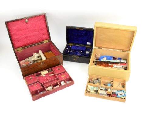  A mixed group of items including a Victorian mahogany sewing box, similar later box, a leather box with  stick pins and vari