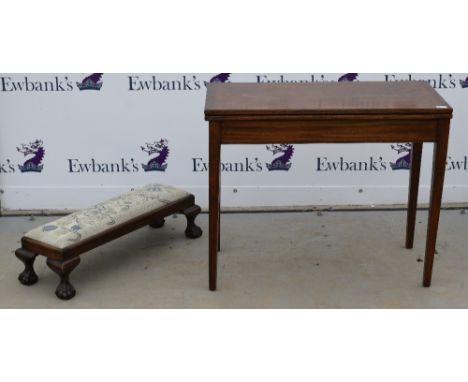 Mahogany fold over top card table,  and a fender stool, (2)