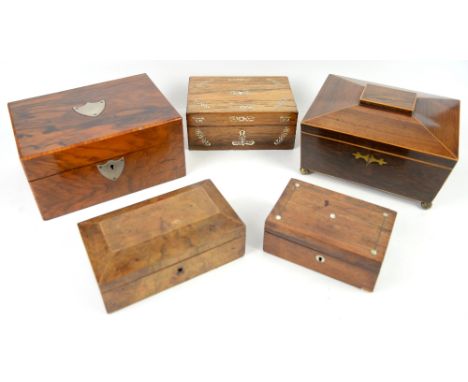 19th century mahogany and cross banded tea caddy, lacking interior, four other boxes (5)
