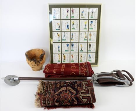 John Player  Golf  framed set of cigarette cards, Burr Oak bowl, textiles and a shooting stick.