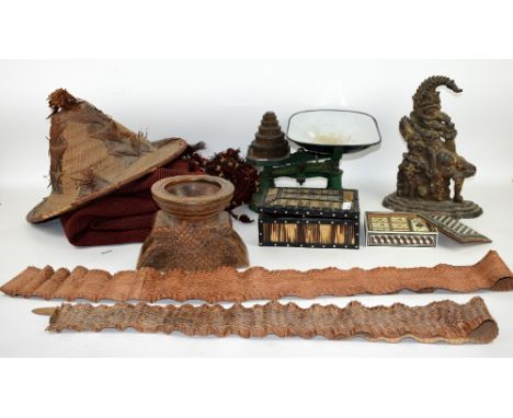 19th century quill box, camel rug, door stop,  set of scales and other items, 