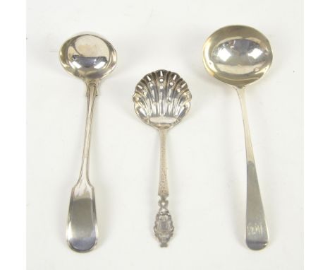 Georgian silver ladle 1798, pierced silver ladle Sheffield 1902 and a Scottish provincial ladle by Cameron of Dundee 