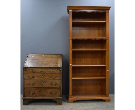 Oak fall font bureau on bracket base and a modern freestanding bookcase. (2)