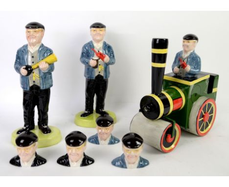 Lorna Bailey - Two Fred Dibnah figures, another 'Steam Engine Fred' and two sets of salt and pepper caricature cruets. (7)