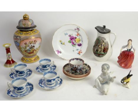 Assorted ceramics to include 19th century Dresden plate with crossed swords mark, Lladro, Goebel, and Staffordshire figurines