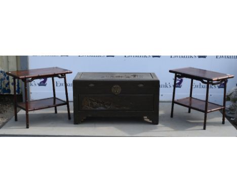 Pair of Chinese hardwood two tier tables and a camphor wood trunk  