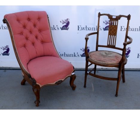 19th century mahogany framed button back nursing chair and two other chairs 