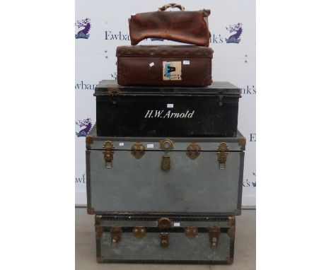 Three metal trunks, a leather trunk and a doctors bag (5)