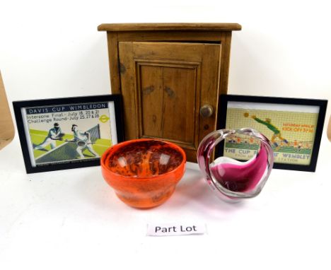 Mixed group of items, Flygsfors  Sweden, signed cased pink white  glass,  other glassware and ceramics, a small pine wall ca