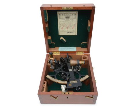 A triple circle WWII Huson (Henry Hughes &amp; Son) cased sextant,no. 44641, with index arm and vernier, telescope and interc