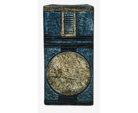 A Troika pottery slab vase,1970s, designed by Jane Fitzgerald, with white block shapes to a blue ground, signed width 10.5cm,