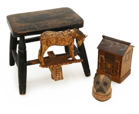 A group of treen items,20th century, comprising a miniature oak stool, a folk art horse, with moving head and tail, mounted o