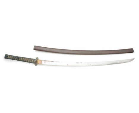A Japanese wakizashi,Edo or Meiji period, the shagreen tsuka wrapped in blue ito, concealing a menuki, to a quatrefoil tsuba 