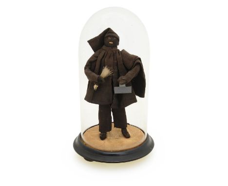 A Victorian folk art doll,modelled as a chimney sweep, holding a brush, under a glass dome, on a turned wood basetotal height