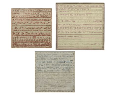 A group of three needlework samplers,comprising an example by Jane Reeves, March 24th 1864, another by Mary Jane Winstanley, 