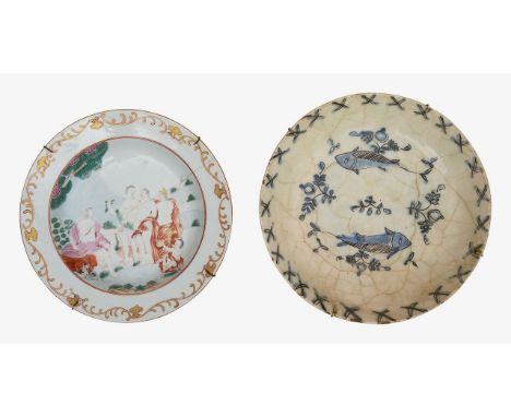 A Chinese Export polychrome porcelain plate, Qianlong,decorated in enamels with the Judgment of Paris, within gilt scrollwork