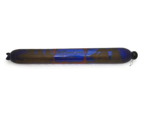 A large Bristol blue glass mariner's rolling pin, early 19th century, gilt decorated and inscribed 'A Present from Thos. Ston