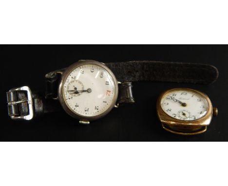 Two watches, to include a silver gent's wristwatch, with white enamel dial, and a gold plated watch head (2). 